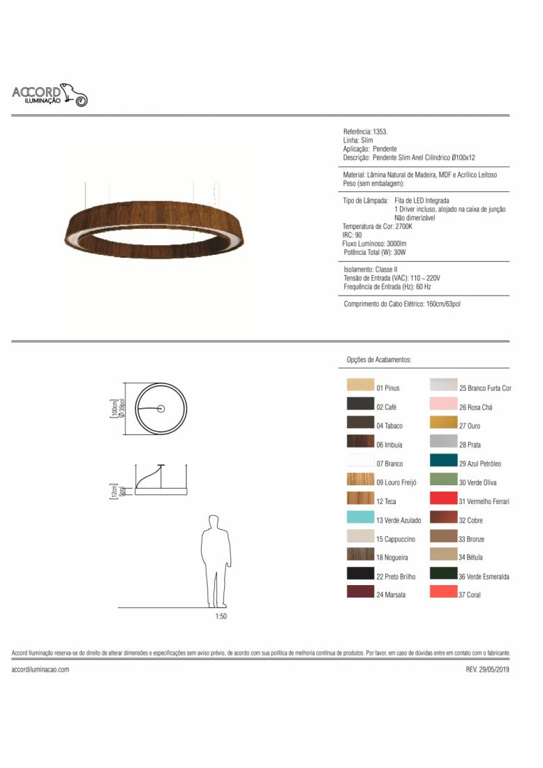 Pendente Accord Slim Anel Cilíndrico 36 Watts 2700K Bivolt Ø1000x120mm 1353LED
