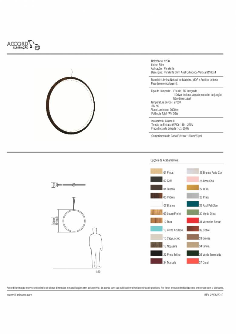 Pendente Accord Slim Anel Cilíndrico Vertical 36 Watts 2700K Bivolt Ø1000x30mm 1298LED