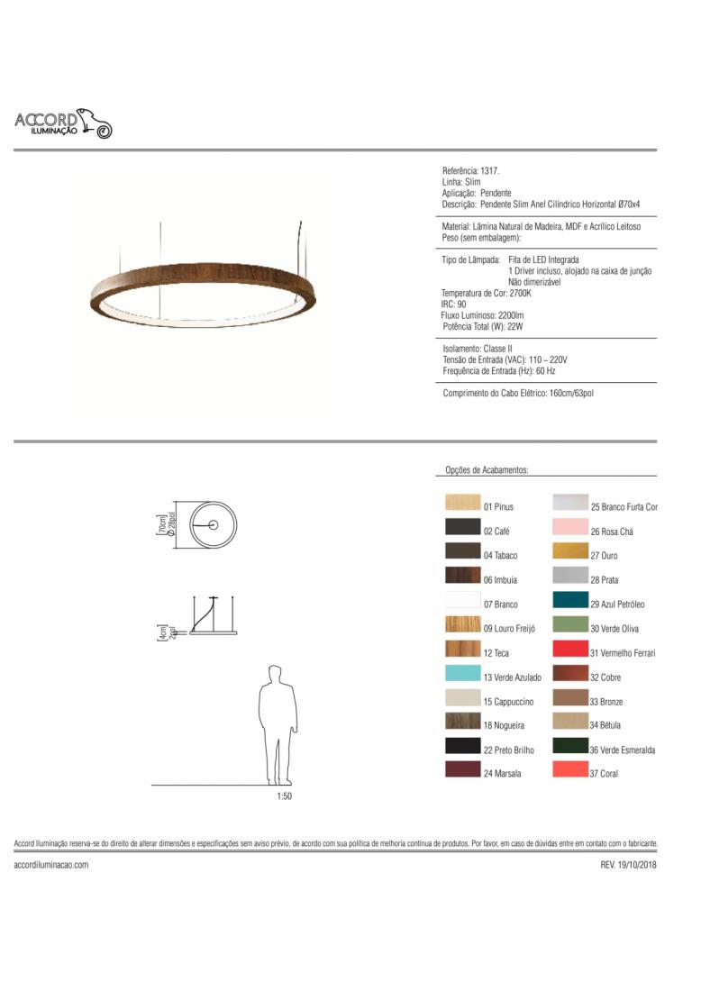 Pendente Accord Anel Horizontal 25 Watts 2700K Bivolt Ø700x30mm 1317LED