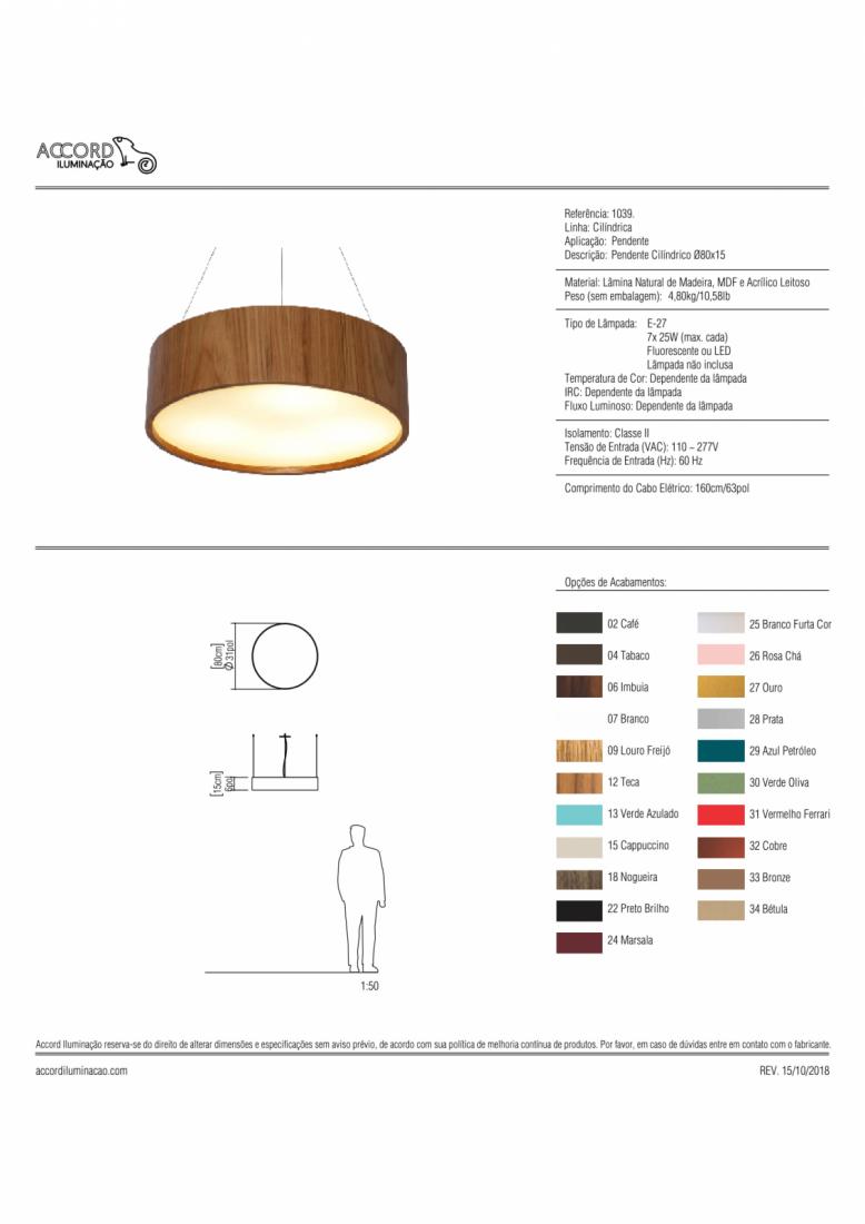 Pendente Accord Cilíndrico 7L E27 Ø800x180mm 1039
