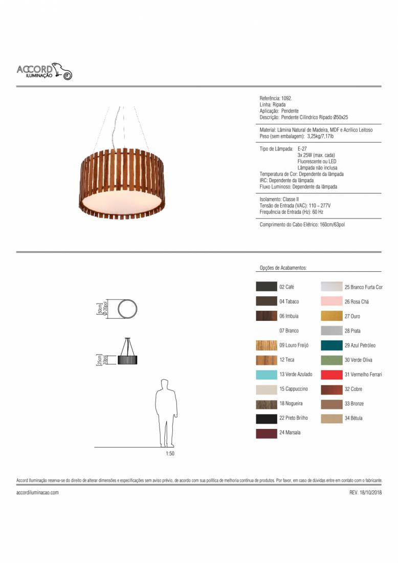 Pendente Accord Cilíndrico Ripado 3L E27 Ø500x220mm 1092