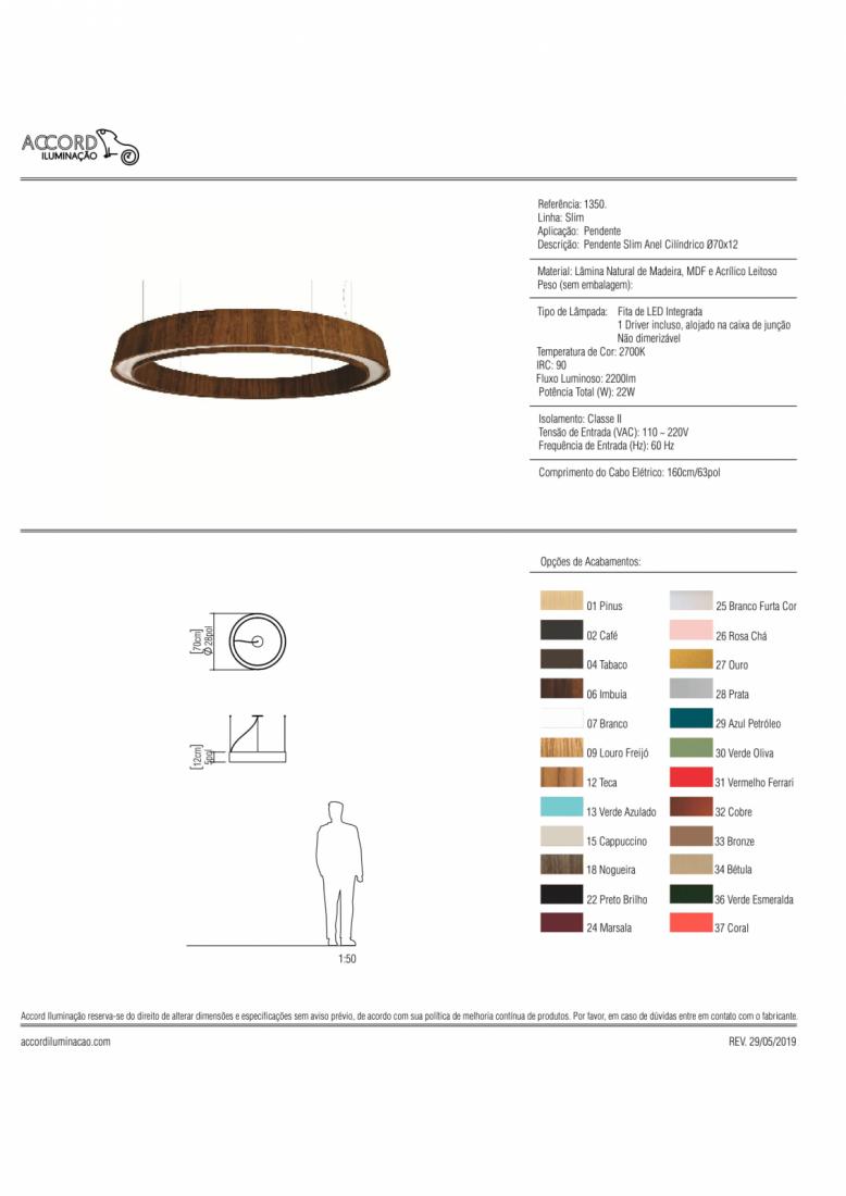 Pendente Accord Slim Anel Cilíndrico 26 Watts 2700K Bivolt Ø700x120mm 1350LED