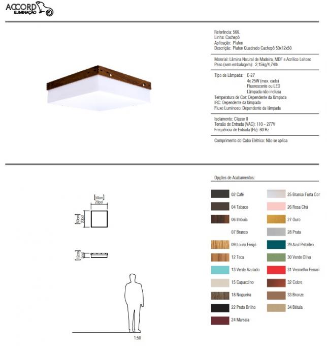 Plafon Accord Cachepot Madeira e Acrílico 4L E27 500x500x120mm 566