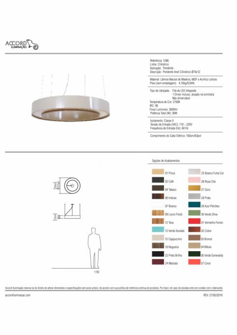 Pendente Accord Anel Cilíndrico 43 watts 2700K Bivolt Ø700x135mm 1286LED