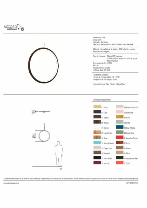 Pendente Accord Slim Anel Cilíndrico Vertical 30 Watts 2700K Bivolt Ø800x30mm 1296LED