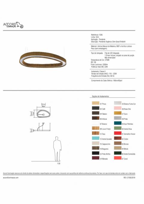 Pendente Accord Orgânico Slim Gota 25 Watts 2700K Bivolt 970x545x50mm 1330LED