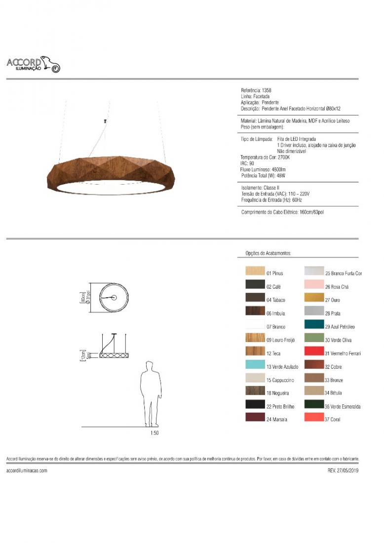 Pendente Accord Anel Facetado Horizontal 58 Watts 2700K Bivolt Ø800x120mm 1358LED