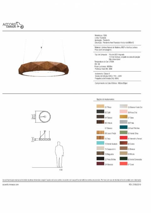 Pendente Accord Anel Facetado Horizontal 58 Watts 2700K Bivolt Ø800x120mm 1358LED