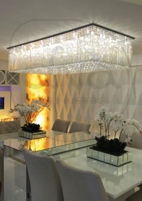 Plafon DNA Lustres Passarela Cristais Tubos e Bolas Transparentes 21L G9 1500x700x400mm