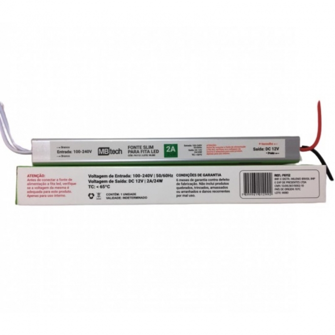 Fonte 12V Slim Nordecor 2A 24 watts IP20 195x25x20mm (Ultra Fina) 7014