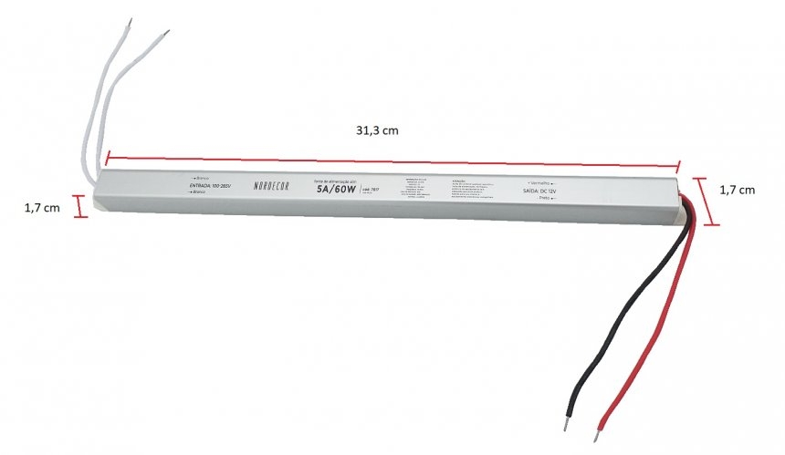Fonte 12V Slim Nordecor 5A 60 watts IP20 315x25x20mm (Ultra Fina) 7017