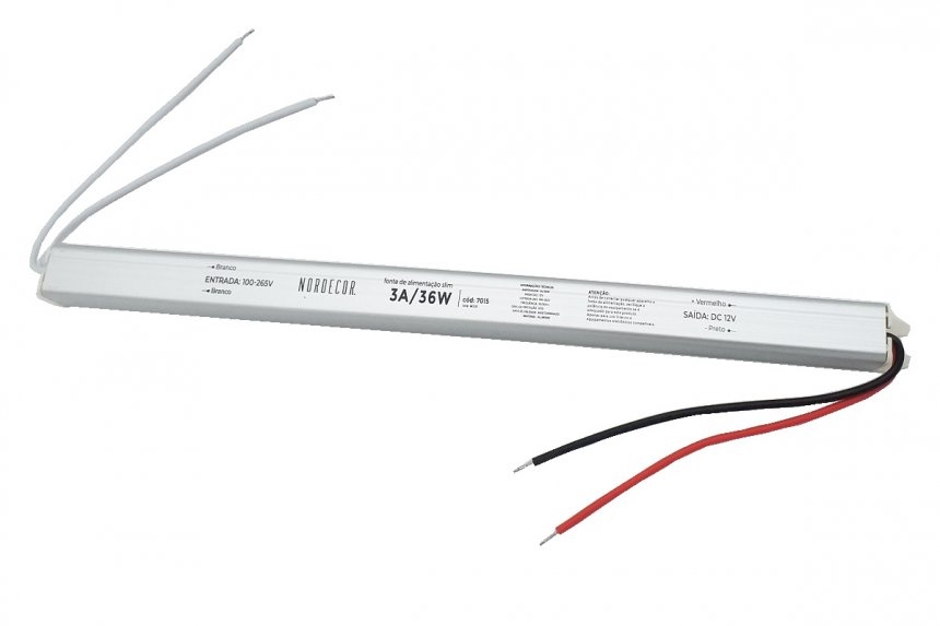 Fonte 12V Slim Nordecor 3A 36 watts IP20  285x25x20mm (Ultra Fina) 7015