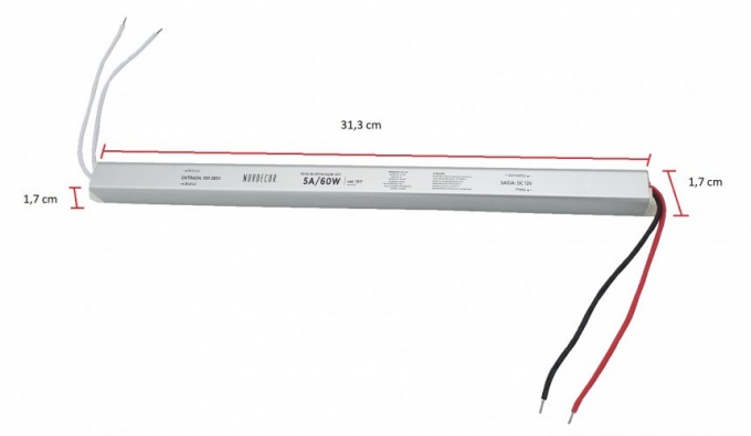 Fonte 12V Slim Nordecor 5A 60 watts IP20 315x25x20mm (Ultra Fina) 7017
