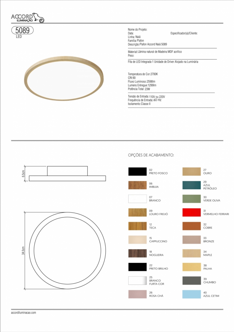 Plafon Accord Naiá 23 watts 2700K Bivolt Ø345x85mm 5089LED