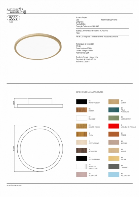 Plafon Accord Naiá 23 watts 2700K Bivolt Ø345x85mm 5089LED