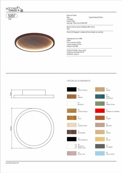 Plafon Accord Naiá 46 watts 2700K Bivolt Ø645x85mm 5097LED
