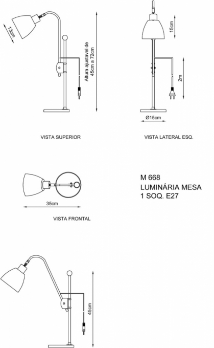 Abajur Golden Art Volts Telescópico 1L E27 720x350mm M668PI

