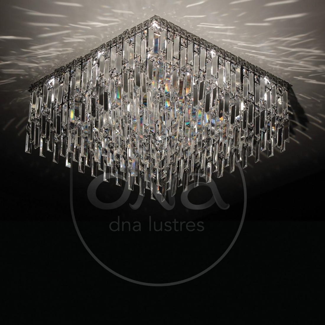 Plafon DNA Lustres Crow Inox e Cristais Transparentes 17L G9 800x800mm IN-QU80-PLACAS