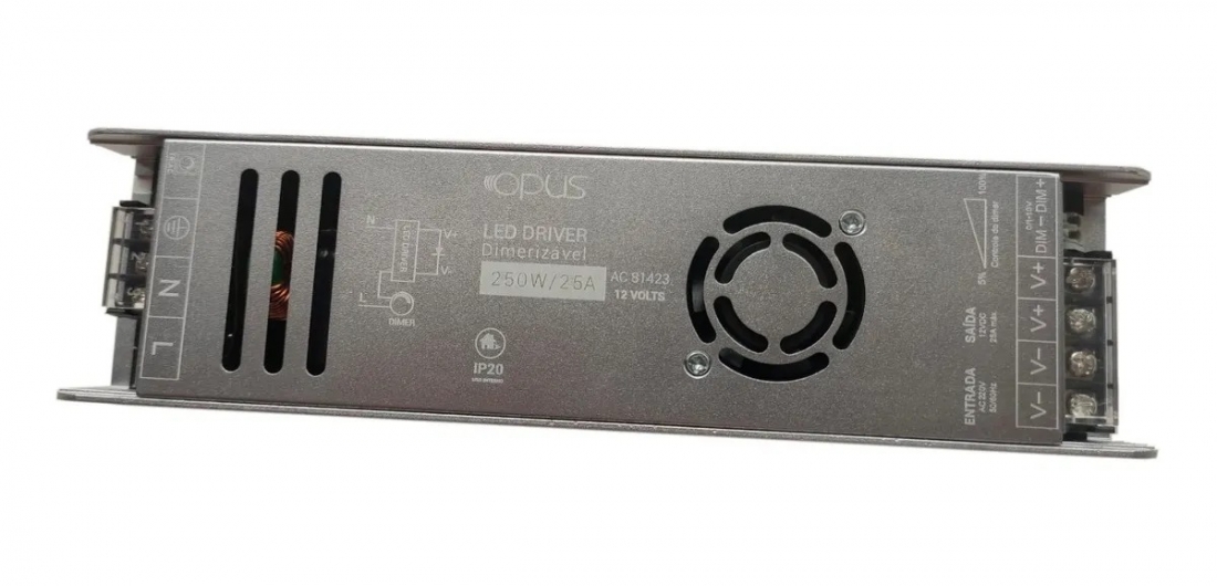 Fonte 12V Opus Dimerizável 250 Watts 20,8A 220V IP20 245x63x29mm OPS 81423