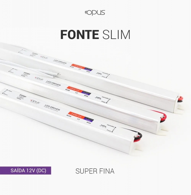 Fonte 12V Slim Opus 48 Watts 4A IP20 Bivolt 282x18x18mm OPS 88057