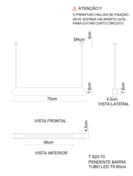 Pendente Golden Art Barra Linear 1L Tubular 600mm 
 700x75x40mm T620-70PI 