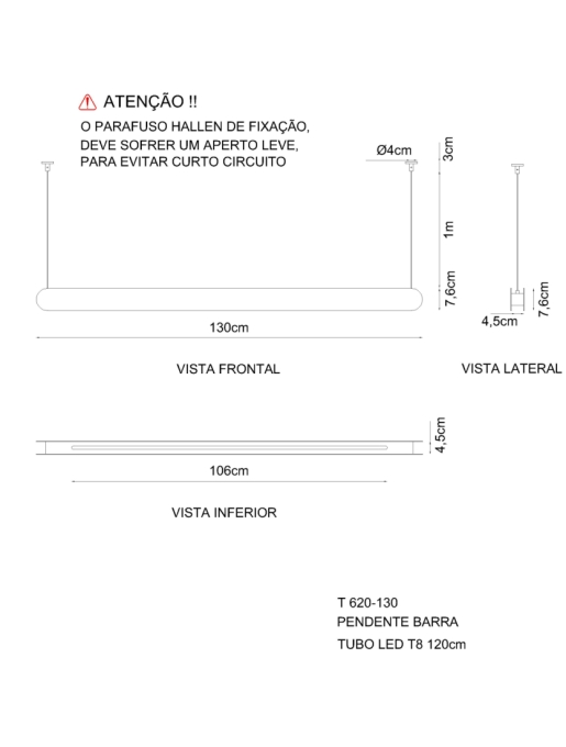 Pendente Golden Art Barra Linear 1L Tubular 1200mm 
 1300x75x40mm T620-130PI