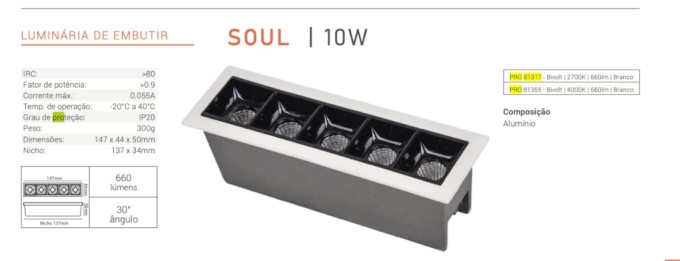 Spot Embutir Opus LED Soul 10 watts 2700K IRC90 30° IP20 144x44mm Branco Fundo Preto OPS 81317
