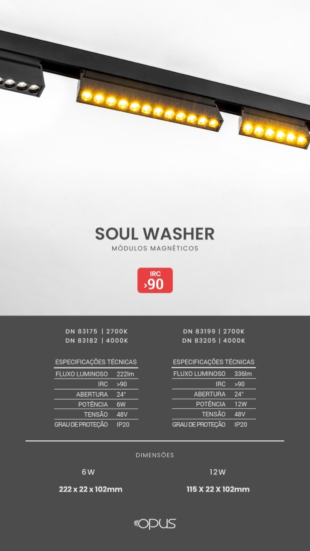 Módulo Magnético Opus LED Soul Washer 12 watts 2700K 48V IRC90 24° IP20 222x22x102mm Preto OPS 83199