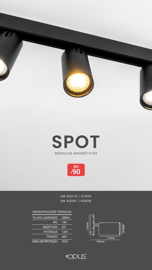 Módulo Magnético Opus LED Spot 12 watts 4000K 48V IRC90 26° IP20 Ø60x116mm Preto OPS 83281