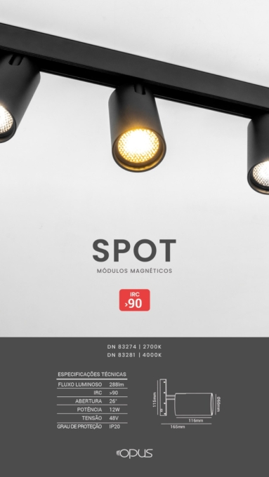 Módulo Magnético Opus LED Spot 12 watts 4000K 48V IRC90 26° IP20 Ø60x116mm Preto OPS 83281