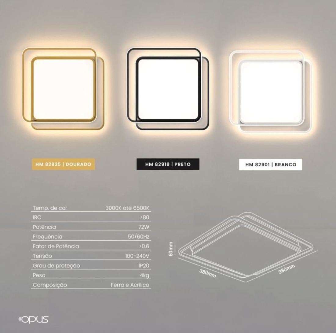 Plafon Opus LED Hoop Dourado 72 watts Multitemperatura Bivolt 380x380mm OPS 82925