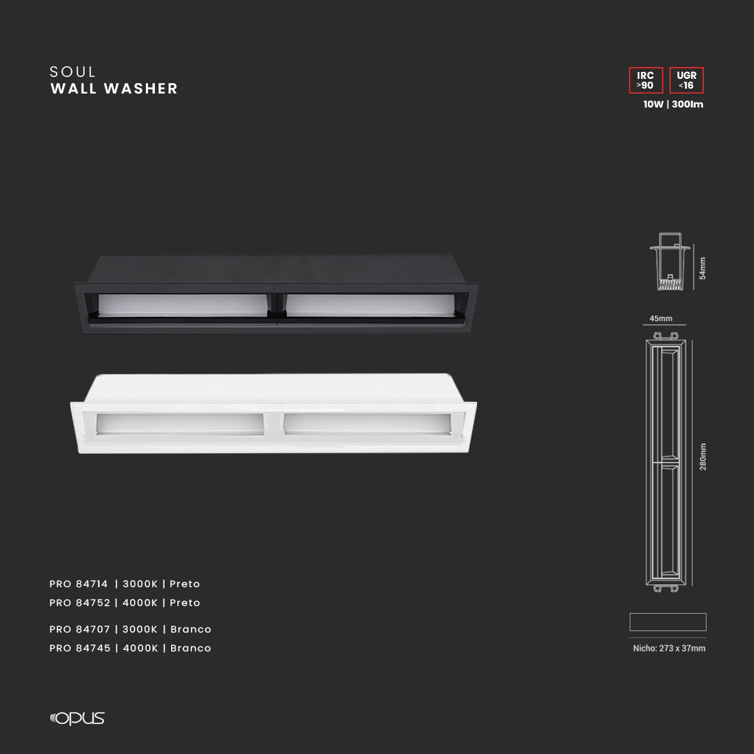 Luminária de Embutir Opus LED Wallwasher 20 watts 4000K IRC90 30° IP20 280x45x49mm Branco OPS 84745