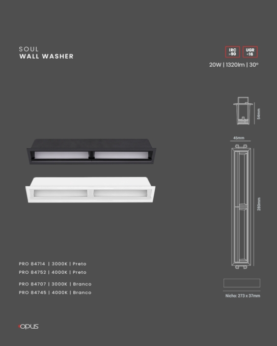 Luminária de Embutir Opus LED Wallwasher 20 watts 4000K IRC90 30° IP20 280x45x49mm Branco OPS 84745