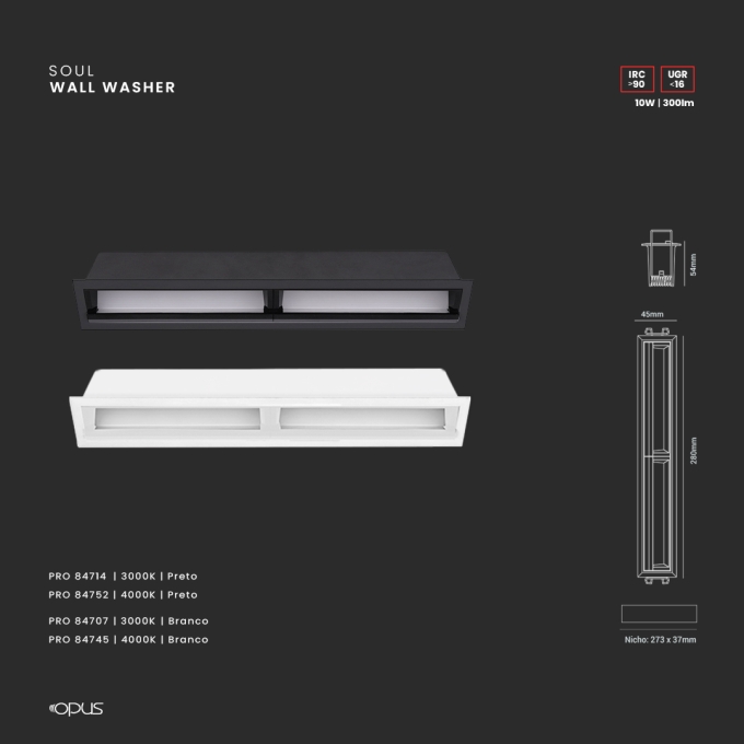 Luminária de Embutir Opus LED Wallwasher 20 watts 4000K IRC90 30° IP20 280x45x49mm Branco OPS 84745
