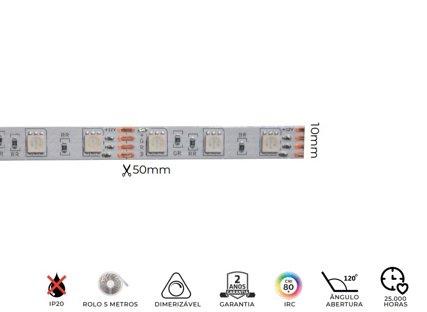 Fita LED MK Iluminação RGB 10w/mt 60 Leds IP20 12V 10mm (Rolo 5 metros) 12489