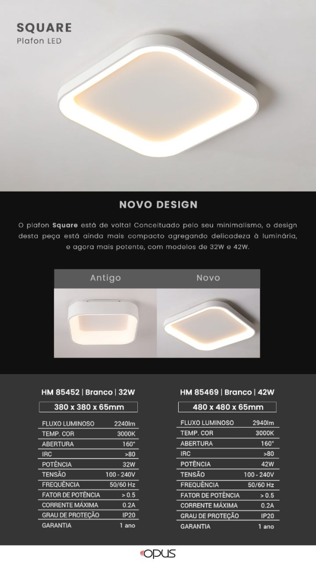 Plafon Sobrepor Opus LED Square Branco 36 watts 3000K Bivolt 480x480x65mm OPS 85469