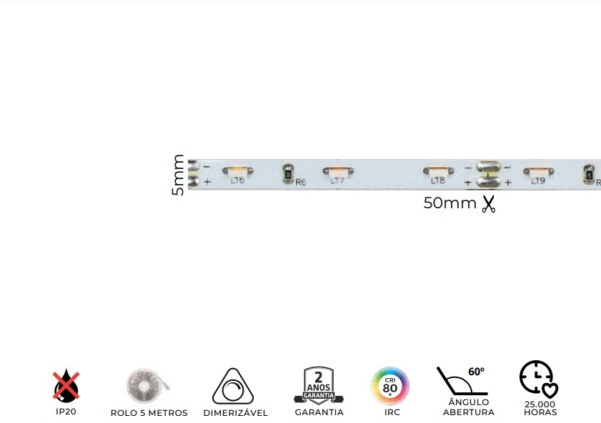 Fita LED MK Iluminação LED LATERAL 4,8w/mt 60 Leds IP20 12V 260 Lúmens 5mm (Rolo 5 metros)