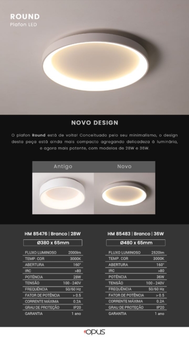 Plafon Sobrepor Opus LED Round Branco 28 watts 3000K Bivolt Ø380x65mm OPS 85476