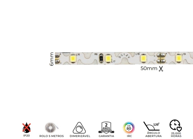 Fita LED MK Iluminação ZIG ZAG 7,2w/mt 60 Leds IP20 12V 700 Lúmens 6mm (Rolo 5 metros)