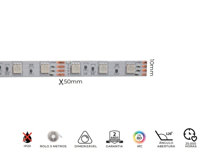 Fita LED MK Iluminação RGB 10w/mt 60 Leds IP20 12V 10mm (Rolo 5 metros) 12489