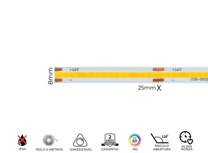 Fita LED MK Iluminação Cob 10w/mt 320 Leds IP20 12V 1000 Lúmens 8mm (Rolo 5 metros)