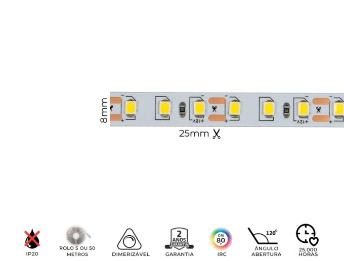 Fita LED MK Iluminação 10w/mt 120 Leds IP20 12V 1000 Lúmens 8mm (Rolo 5 metros)