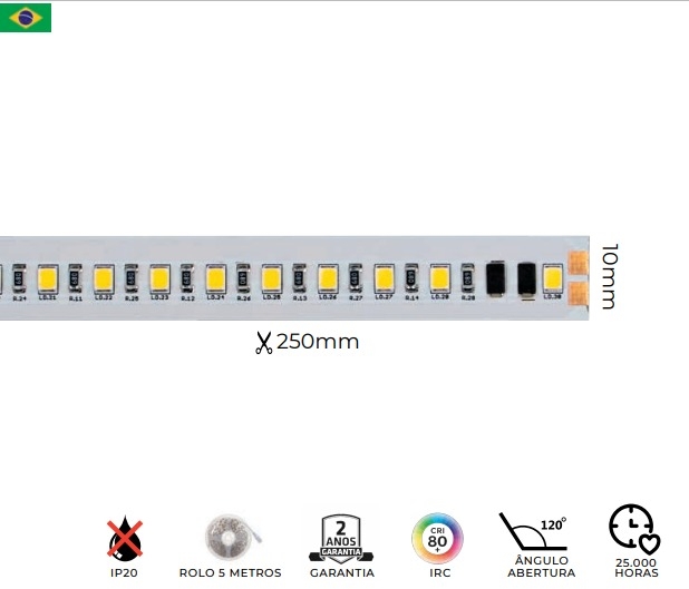 Fita Fibra LED MK Iluminação 27w/mt 120 leds IP20 2700 Lúmens Alta Tensão 12,8mm (Rolo 5 metros)