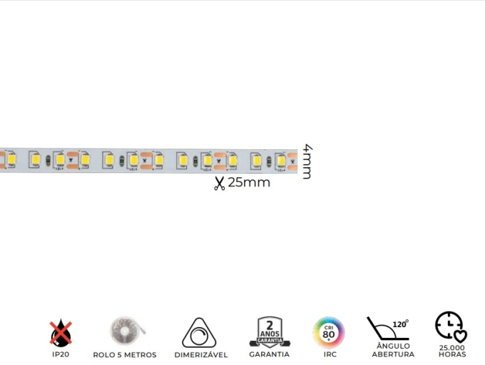 Fita LED MK Iluminação Slim 9,6w/mt 120 Leds IP20 12V 1000 Lúmens 4mm (Rolo 5 metros)