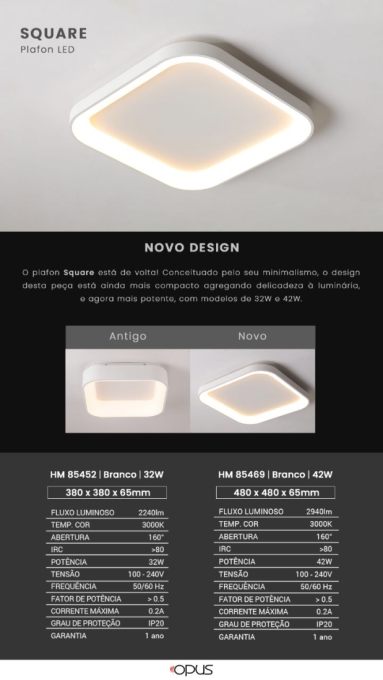 Plafon Sobrepor Opus LED Square Branco 36 watts 3000K Bivolt 480x480x65mm OPS 85469
