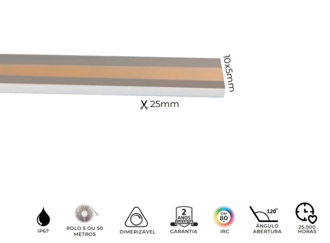Fita LED MK Iluminação Cob 10w/mt 320 Leds IP67 12V 320 Lúmens 10x5mm (Rolo 50 metros)