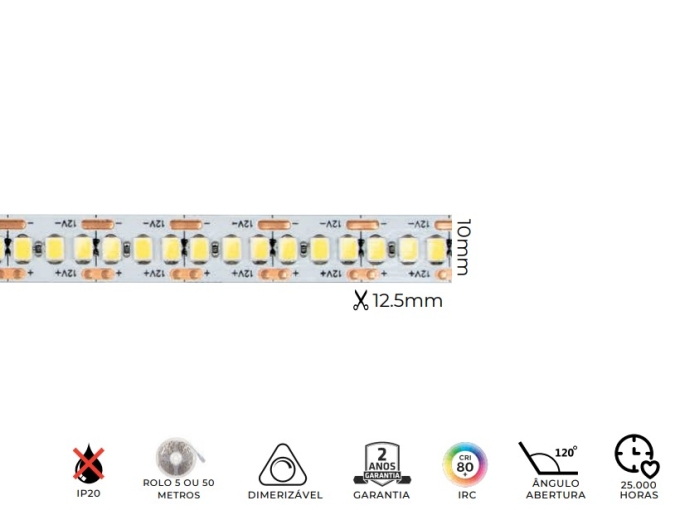 Fita LED MK Iluminação 21w/mt 240 Leds IP20 12V 2200 Lúmens 10mm (Rolo 5 metros)