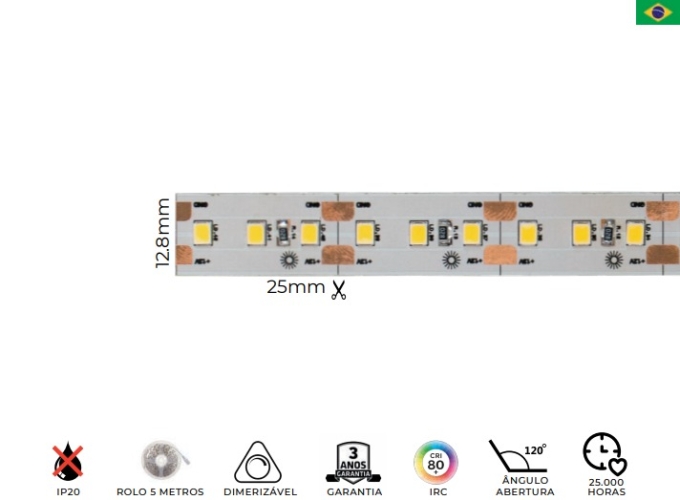 Fita Fibra LED MK Iluminação 15w/mt 120 Leds IP20 12V 1800 Lúmens 12,8mm (Rolo 5 metros)