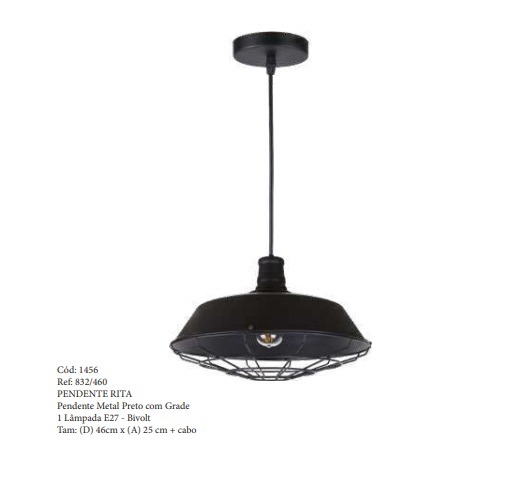 Pendente LUZ DE CASA Industrial Rita com Grade 1L E27 Ø270mm Preto
