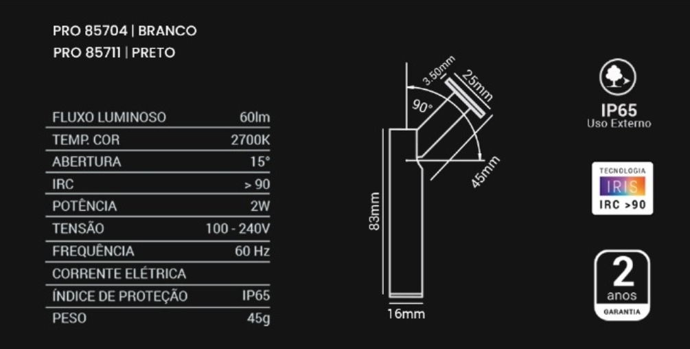 Spot Direcional Opus LED Lapiz 2 watts 15° IP65 Preto 2700K 60 Lúmens Ø16x83mm OPS 85711